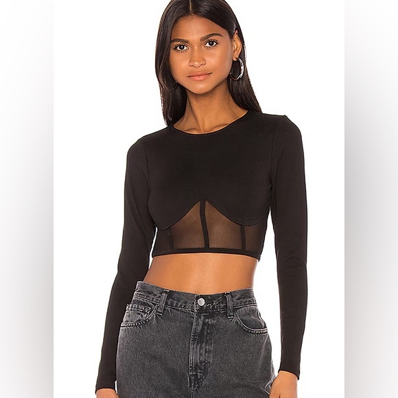 LIVE J Black Sheer Panel Long Sleeve‎ Crop Top - Picture 1 of 8